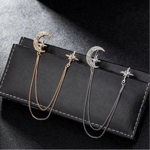 Fashion Rhinestone Star Brooch Pin Crystal Tassel Chain Lapel Pins